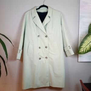 Vintage Sears Pastel Green Double Breasted Trench Coat Zip Out Furry Lining M L